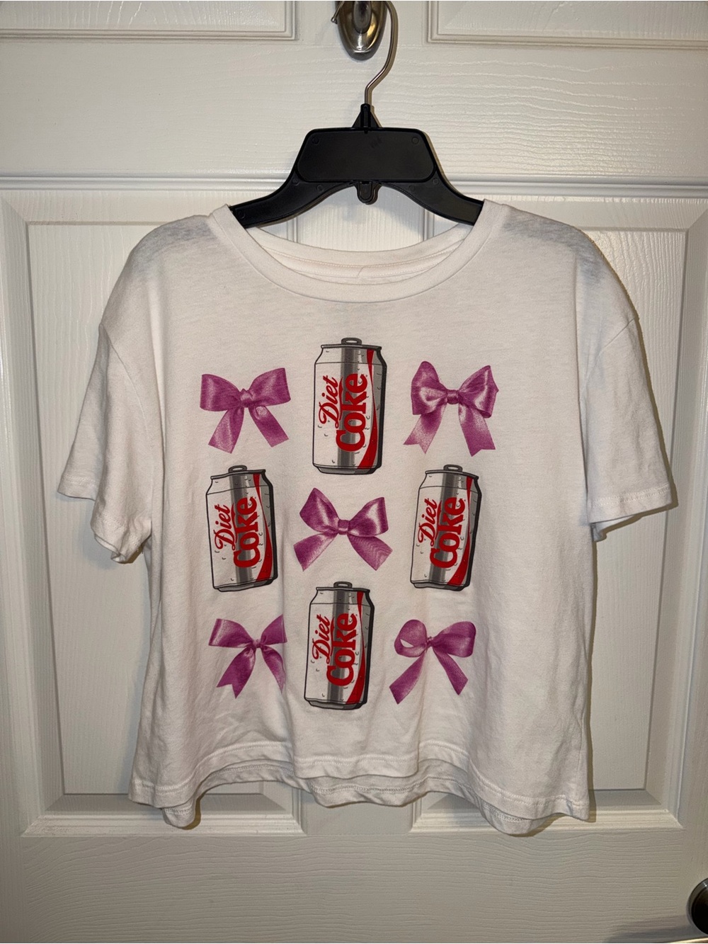 Coca Cola White Tee with Red Diet Coke Cans & Purple Bows